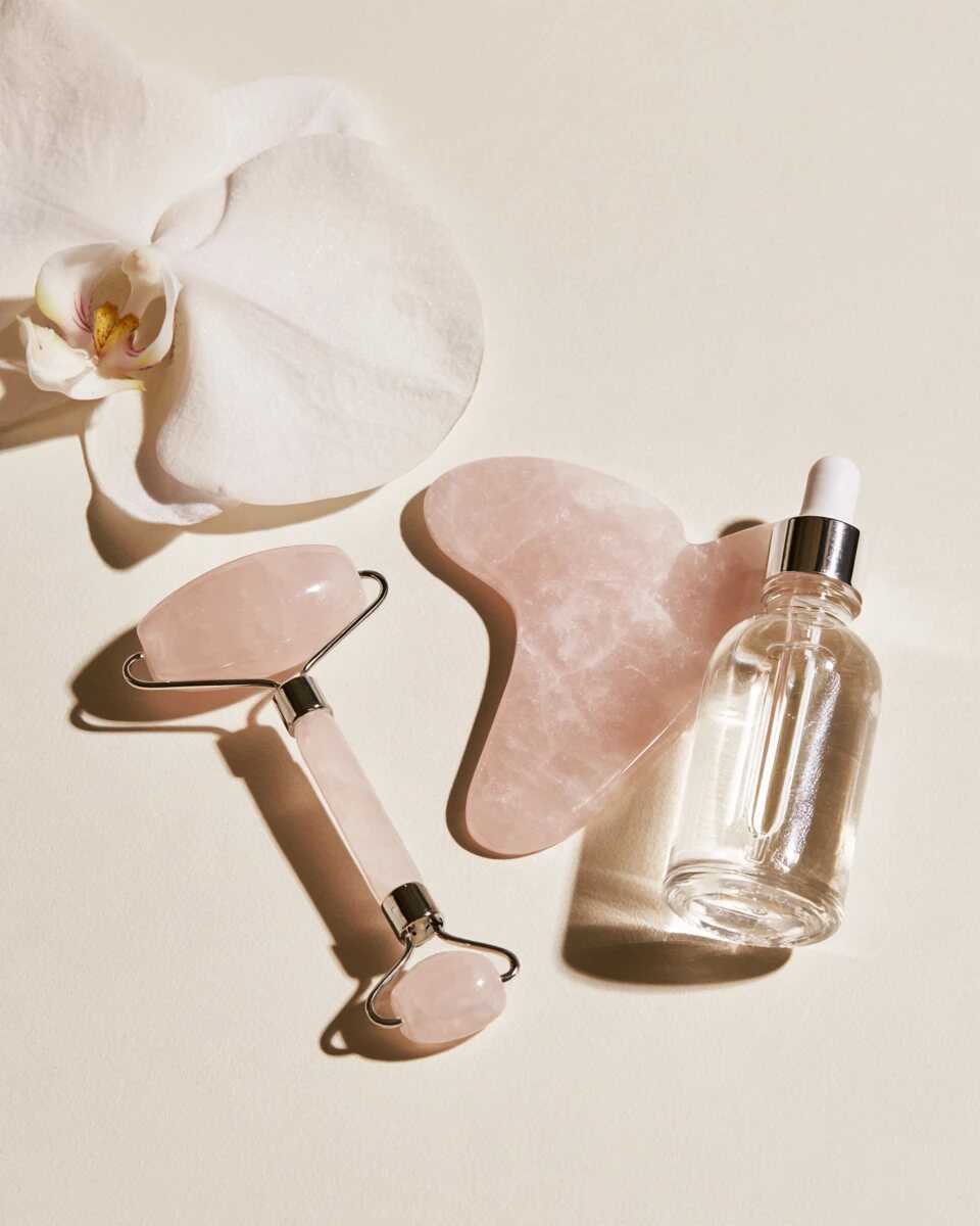 Váleček a kámen gua sha z růženínu, pleťové sérum a květ orchideje